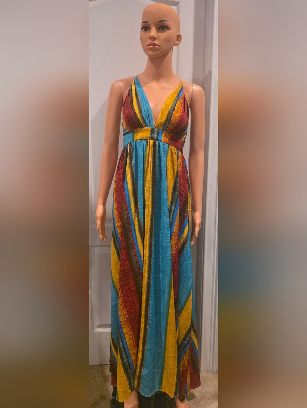 SHEIN Teal Mustard Burgundy Striped V-Neck Maxi Dress
